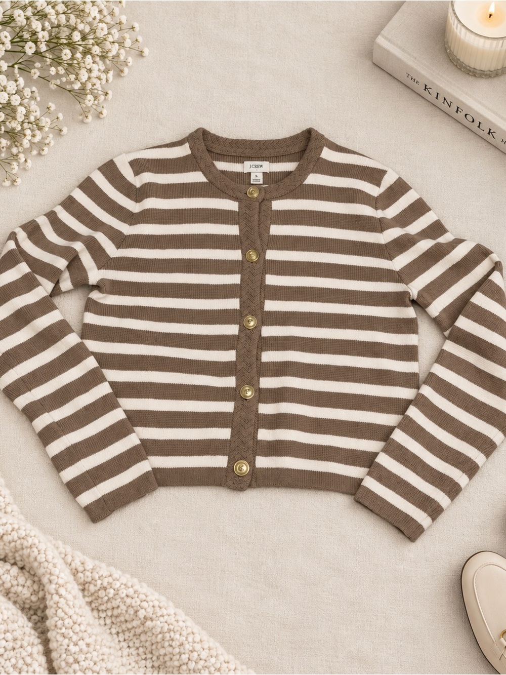 J.Crew Striped Cardigan Sz S Brown Cream Gold Buttons Preppy Coastal Grandmother